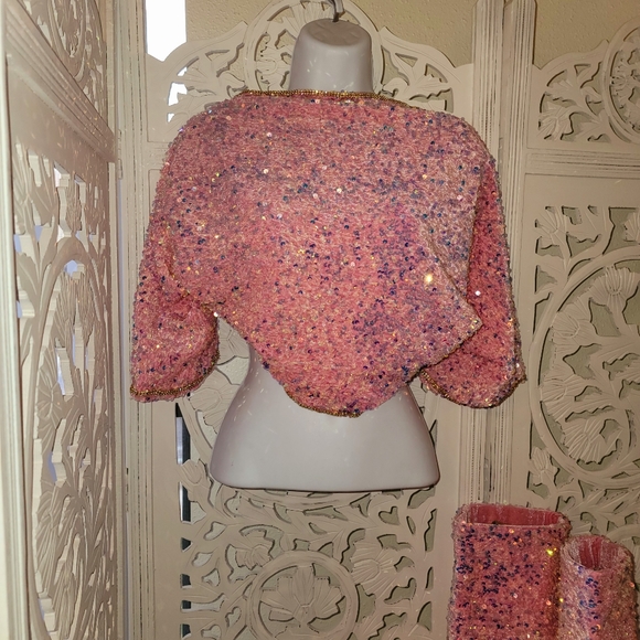 Sebrina A. Love/Sebrina Love Bridals Tops - Iridescent Pink Sequin Velvet Shrug Sweater